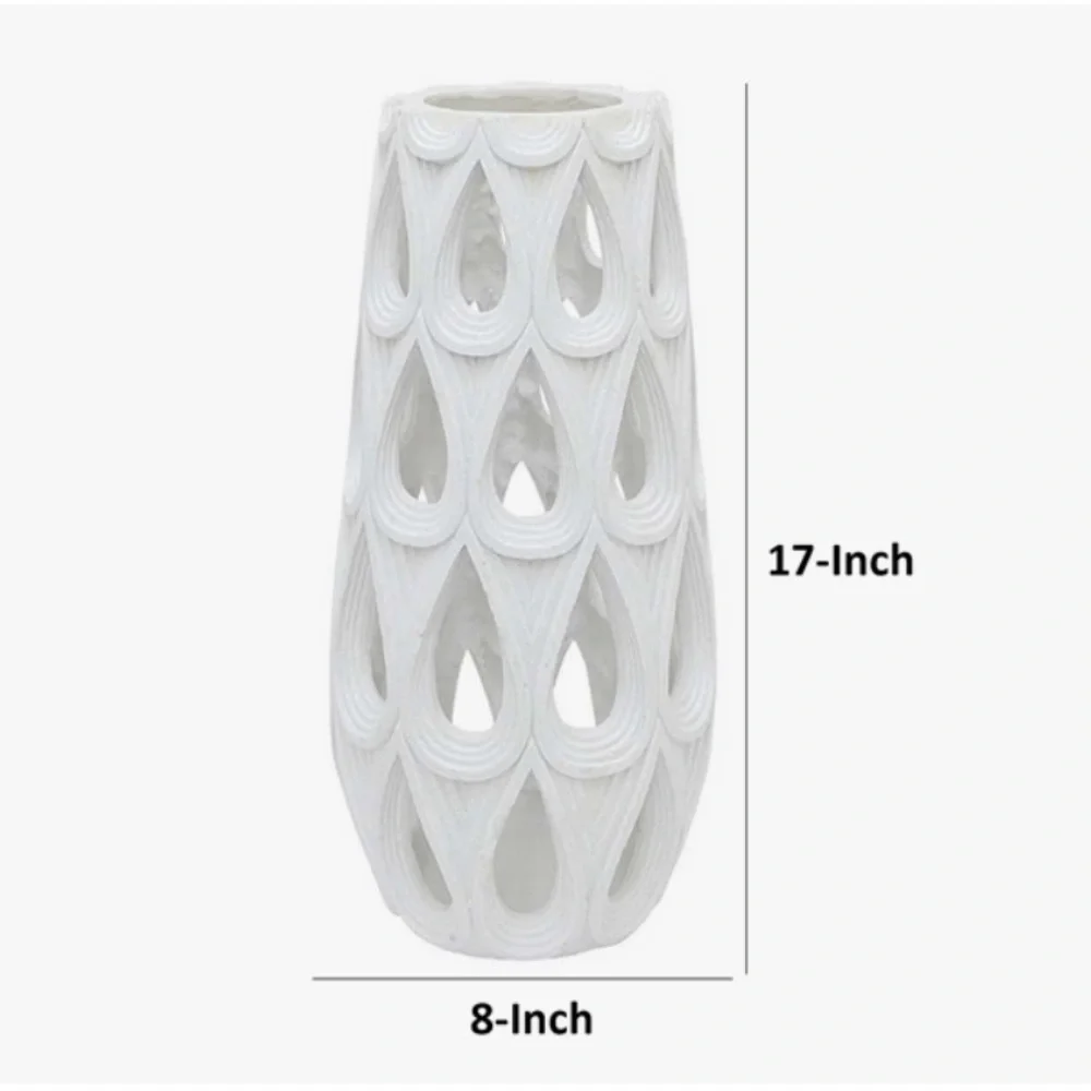 17 Inch Vase - Pierced Cut Out Water‎ Drop Design - Resin - White Finish